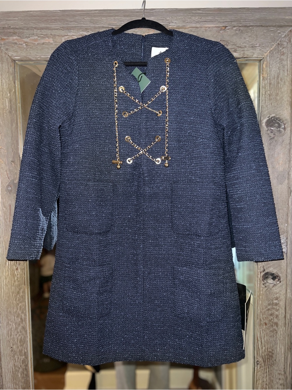 NWT Tuckernuck Kelly Tweed Tie Lace Up Dress with Gold Chain Detail in Navy